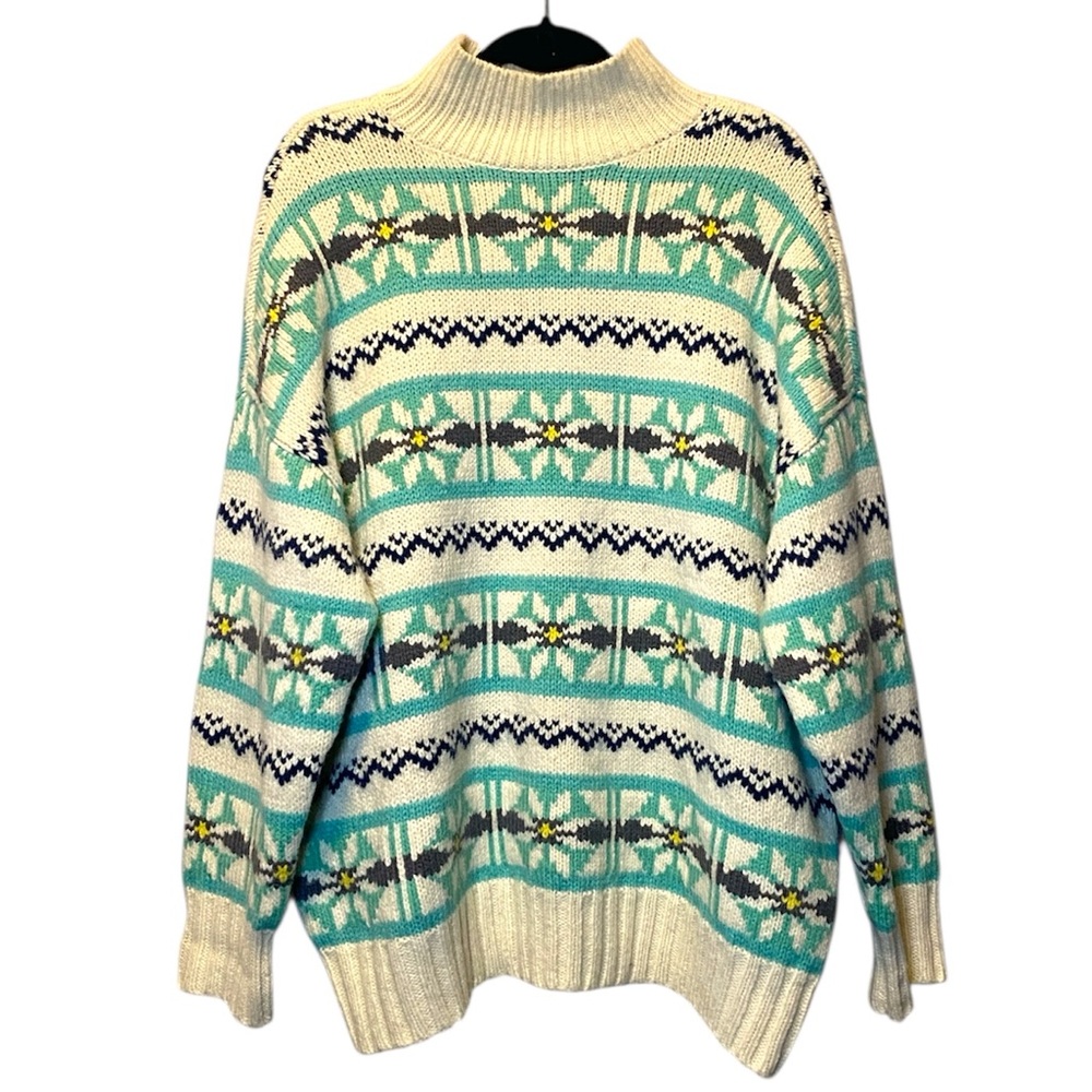 American Eagle AE Fair Isle Sweater Medium Ivory Oversized Mock Neck Pullover